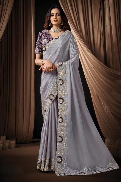 Lilac Grey Silk Embroidered Saree With Blouse
