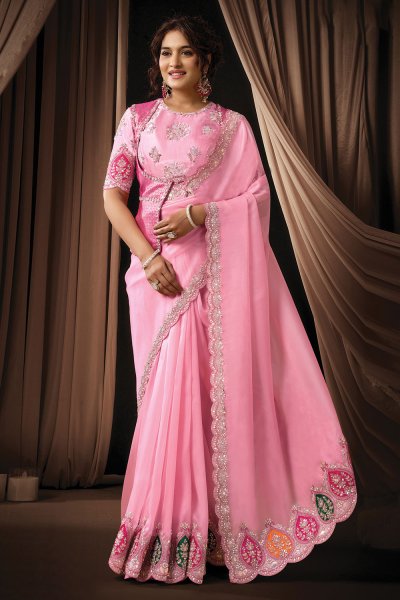 Pre-Draped Pink Tissue Organza Silk Embroidered Saree With Blouse & Rajwadi Koti