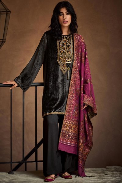 Charcoal Grey Velvet Embroidered Kurta Set With Woven Silk Dupatta