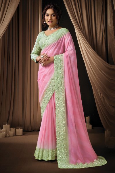 Baby Pink & Mint Green Georgette Embroidered Saree With Blouse