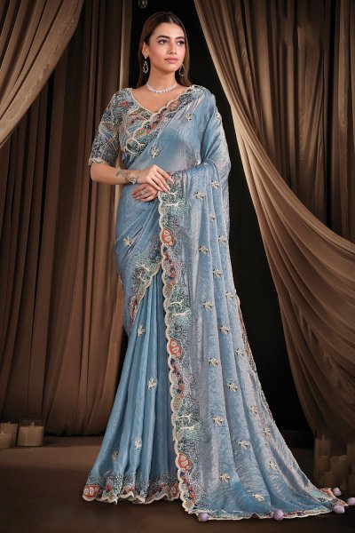 Steel Blue Satin Silk Embroidered Saree With Blouse