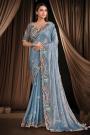 Steel Blue Satin Silk Embroidered Saree With Blouse