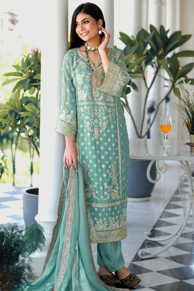Aqua Organza Silk Embroidered Kurta Set Aqua Organza Silk Embroidered Kurta Set