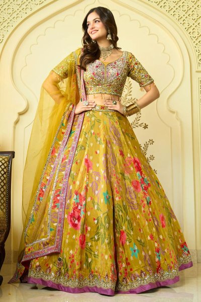 Lemon Gold Yellow Zari Silk Printed & Embroidered Lehenga Set
