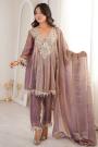 Mauve Shimmery Tissue Silk Embroidered Kurta Set