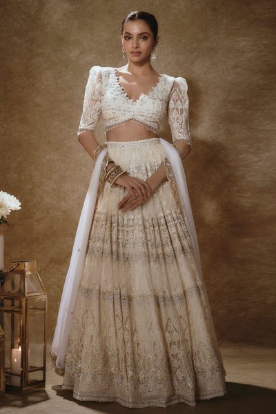 Off White Net Embroidered Lehenga Set