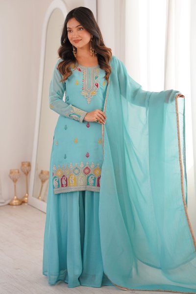 Sky Blue Silk Embroidered Sharara Set