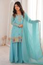 Sky Blue Silk Embroidered Sharara Set