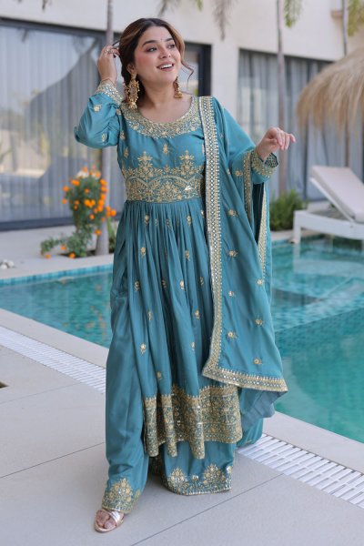 Soft Blue Silk Embroidered Anarkali Style Kurta Sharara Set