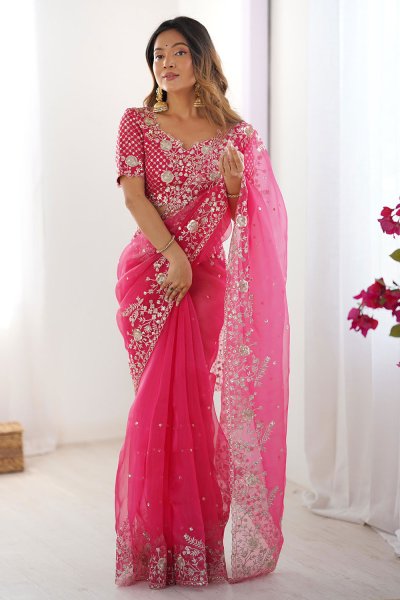 Fuchsia Pink Organza Silk Embroidered Saree