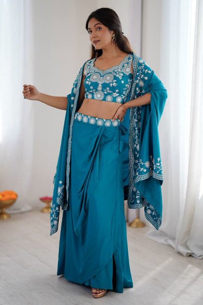 Teal Blue Crepe Silk Embroidered Dhoti Skirt With Blouse & Cape