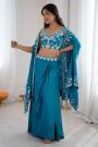 Teal Blue Crepe Silk Embroidered Dhoti Skirt With Blouse & Cape