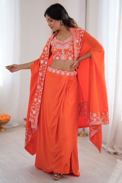 Bright Orange Crepe Silk Embroidered Dhoti Skirt With Blouse & Cape