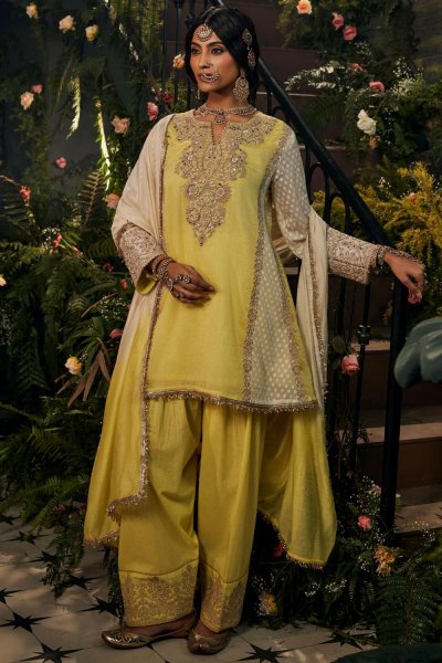 Pastel Yellow & Ivory Chanderi Silk Cotton Embroidered A Line Kurta With Farsi Salwar & Dupatta