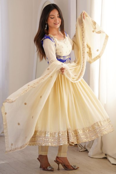 Ivory Chinon Silk Embroidered Anarkali Set With Royal Blue Koti
