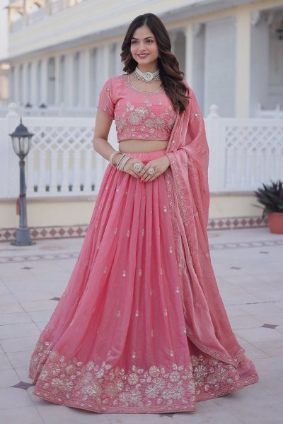 Rose Pink Silk Embroidered Lehenga Set