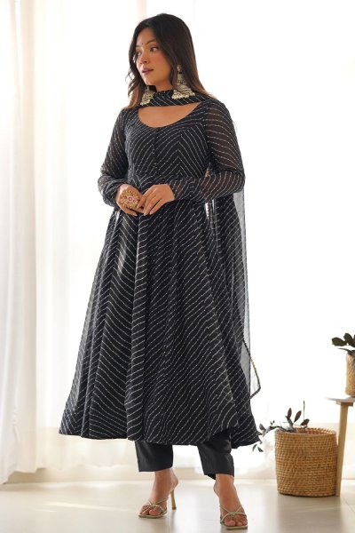 Black Georgette Lehariya Printed Anarkali With Dupatta & Pants