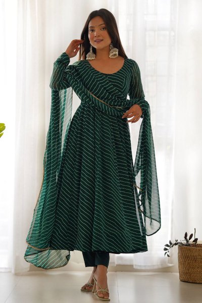 Bottle Green Georgette Lehariya Printed Anarkali With Dupatta & Pants