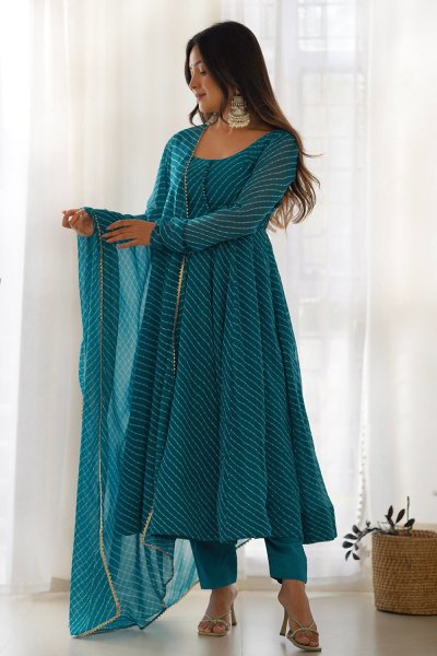 Teal Blue Georgette Lehariya Printed Anarkali With Dupatta & Pants