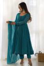 Teal Blue Georgette Lehariya Printed Anarkali With Dupatta & Pants