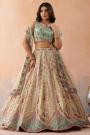 Turquoise & Beige Tissue Silk Embroidered Lehenga Set With Net Dupatta
