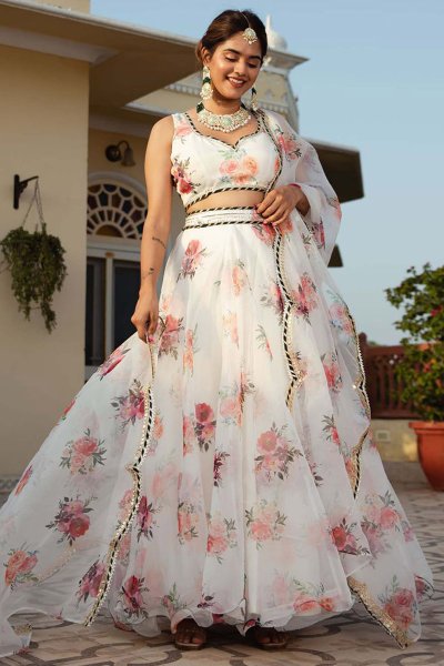 Ivory Floral Printed Organza Silk Lehenga Set