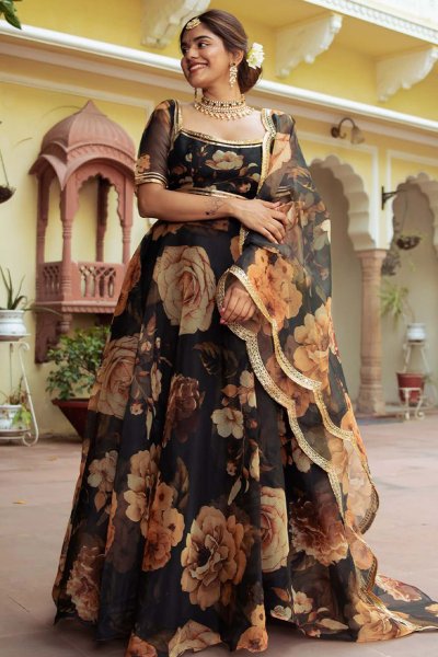 Black Floral Printed Organza Silk Lehenga Set