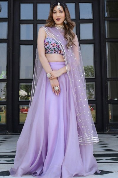 Lilac Embroidered Organza Silk Lehenga Set With Net Dupatta