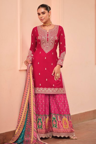 Magenta Pink & Multicolor Chinon Silk Embroidered & Printed Sharara & Kurta Set