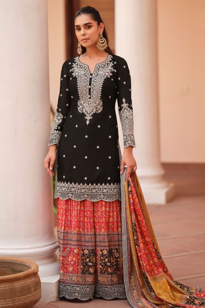 Black & Multicolor Chinon Silk Embroidered & Printed Sharara & Kurta Set