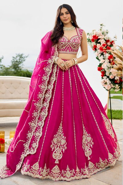 Fuchsia Pink Silk Hand Embroidered Lehenga Set