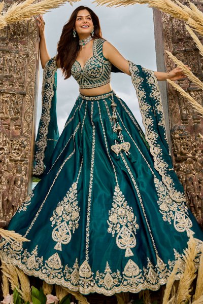 Teal Blue Silk Hand Embroidered Lehenga Set