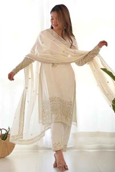 Ivory Chinon Silk Embroidered Kurta Set