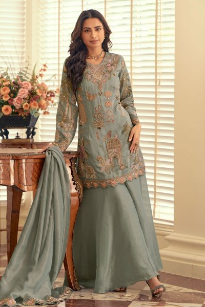 Sage Green Silk Hand Embroidered Kurta Set
