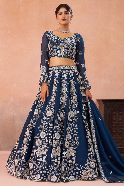 Navy Blue Organza Silk Embroidered Lehenga Set