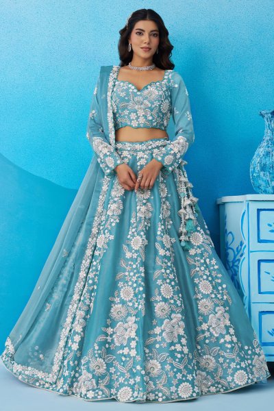 Sky Blue Organza Silk Embroidered Lehenga Set