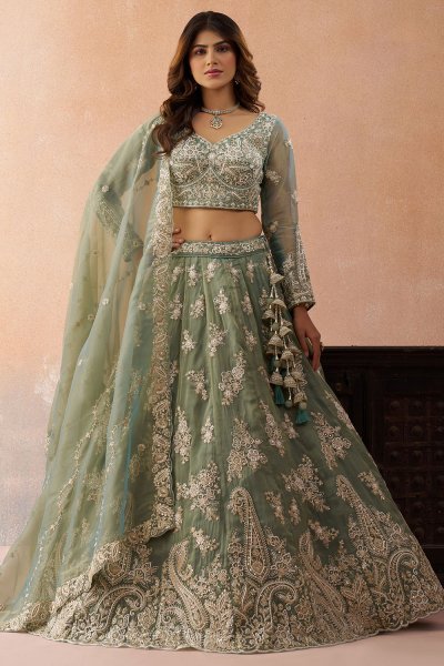 Sage Green Tissue Silk Embroidered Lehenga Set