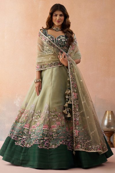 Sage Green & Bottle Green Net Embroidered Lehenga Set