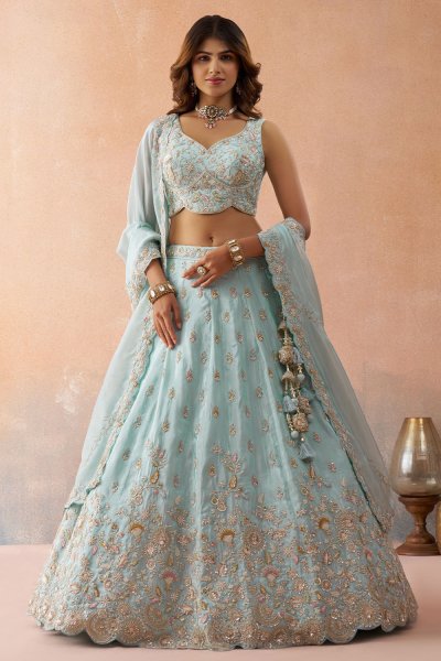 Powder Blue Tissue Silk Embroidered Lehenga Set