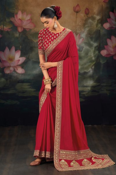 Red Muga Silk Embroidered Saree