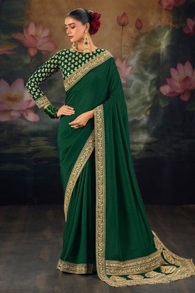 Bottle Green Muga Silk Embroidered Saree