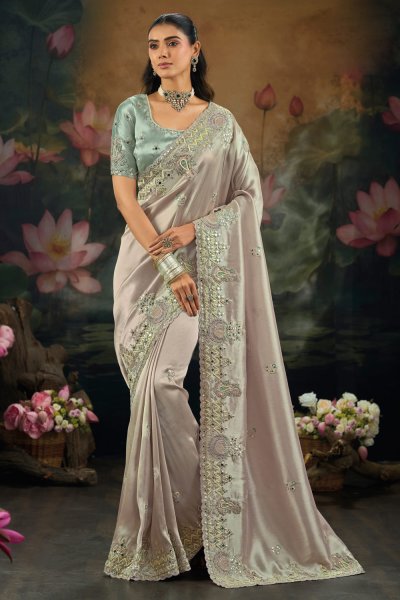 Lilac Silk Embroidered Saree