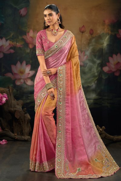 Pink & Mustard Ombre Crepe Silk Embroidered Saree