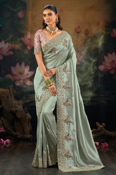 Sage Green Silk Embroidered Saree