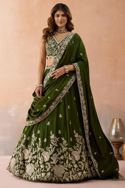 Mehendi Green Tissue Silk Embroidered Lehenga Set