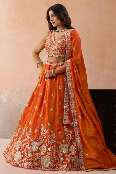 Orange Tissue Silk Embroidered Lehenga Set