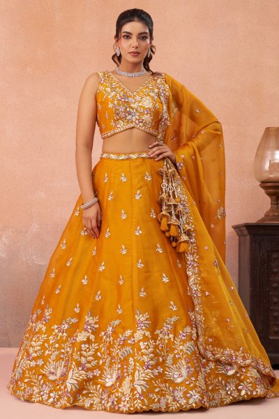 Tangerine Tissue Silk Embroidered Lehenga Set