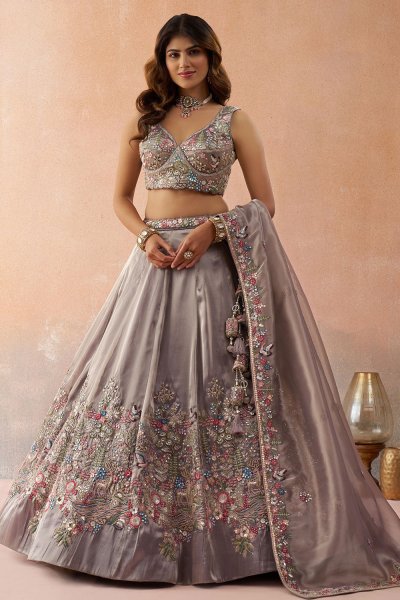 Lavender Grey Tissue Silk Embroidered Lehenga Set
