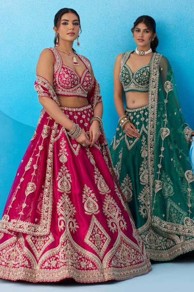 Fuchsia Pink Silk Embroidered Lehenga Set