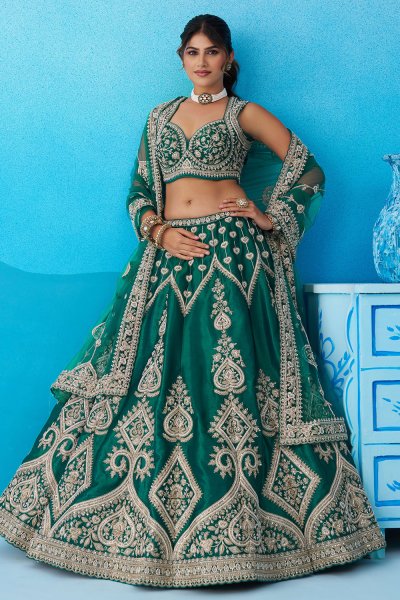 Teal Green Silk Embroidered Lehenga Set